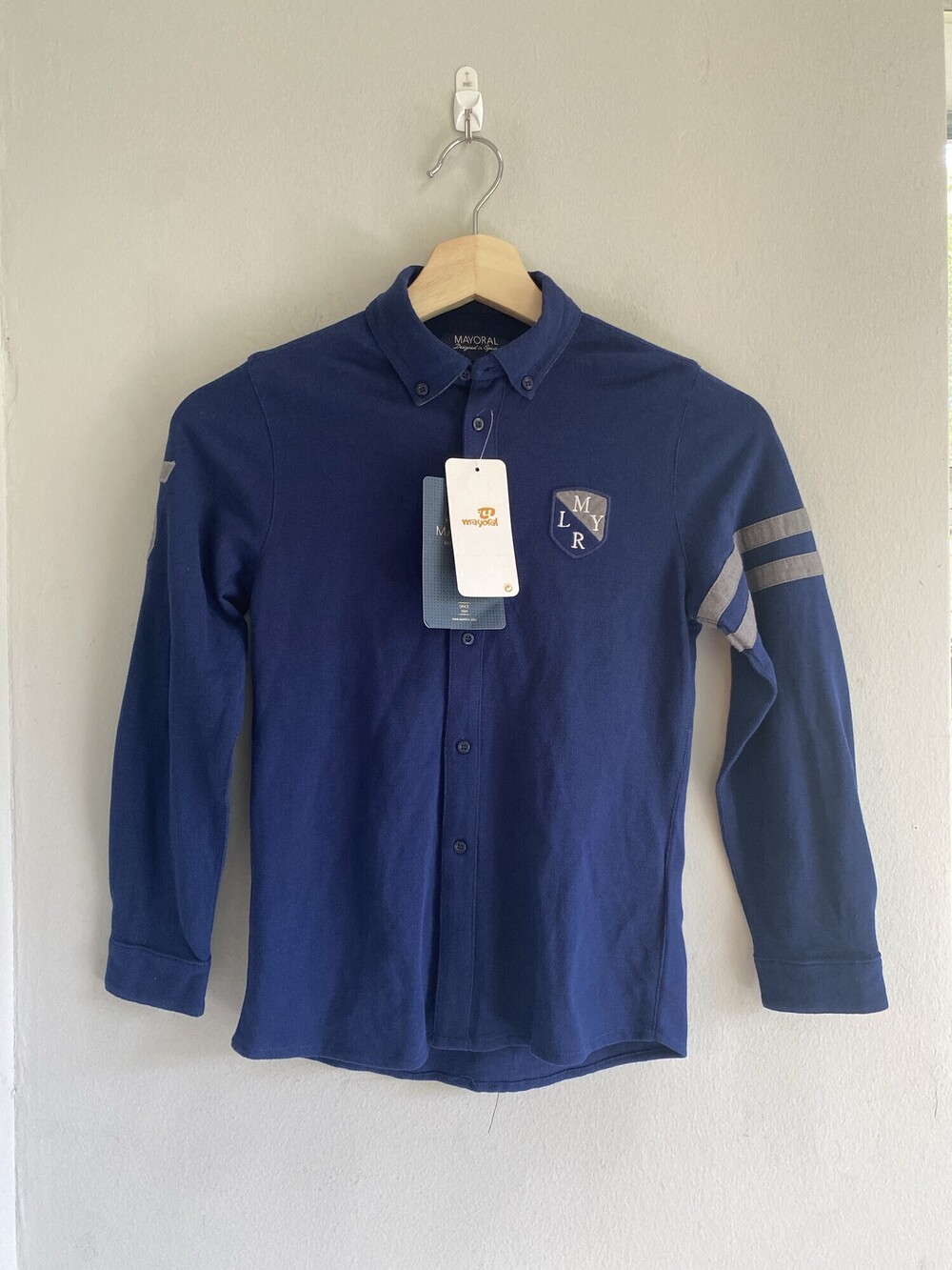 Mayoral Boys Navy Long Sleeve Pique Button Front Shirt Size 7 NWT